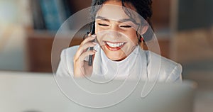 Business woman, computer and phone call in night, office and networking for deal, lead and smile for negotiation