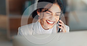 Business woman, computer and phone call in night, office and networking for deal, lead and smile for negotiation