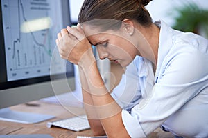 Business woman, computer and stress for bankruptcy risk, stock market crash or financial crisis. Worried female worker