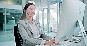 Business woman, consultant and headset in office for call center, customer service or telemarketing. Support, face and