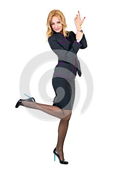 Business woman with copyspace isolated on white