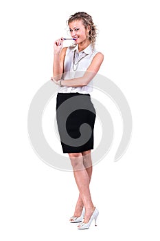 Business woman with copyspace isolated on white