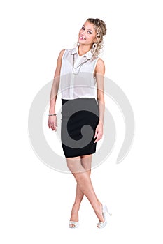 Business woman with copyspace isolated on white background