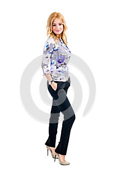 Business woman with copyspace isolated on white background