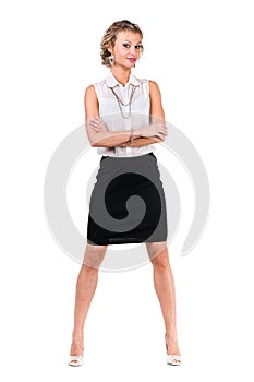 Business woman with copyspace isolated on white