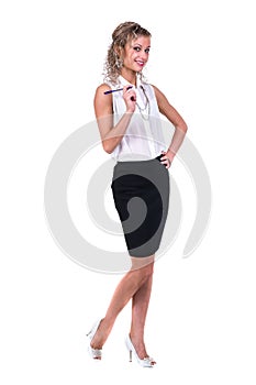 Business woman with copyspace isolated on white background