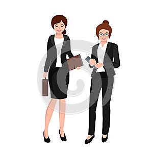 Business woman in costume, files and case, office worker team