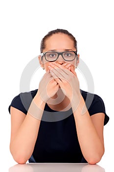 Business woman covering her mouth