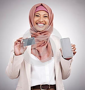 Business woman, credit card and phone screen for islamic fashion, online shopping and e commerce mockup in studio