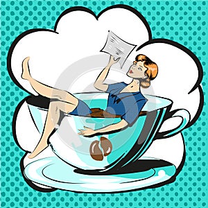 Business woman in cup of coffee reading document pop art comic