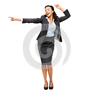 Business woman, dancing or pointing hands at success promotion, sales deal or finance bonus on isolated white background