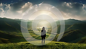 Business woman in dark suite standing on green grass in the mountains