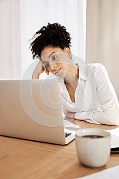 Business woman, depression and laptop with anxiety, mental health and stress for online report in home office. Black