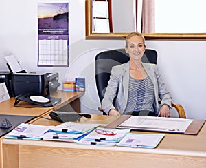 Business woman, desk and office portrait with staff administrator schedule and contract work at company. Startup, happy