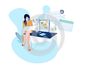 Business woman at the desk is working on the laptop computer. Vector illustration in flat style. Paper sheet, happy
