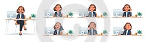 Business woman at desktop. CEO or employee of the company with different emotions and gestures at the table at work. The girl