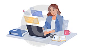 Business woman at desktop. Office employee working on a laptop, group corporate chat and checking mail