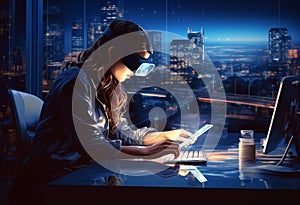 Business woman digital virtual reality hologram attractive vr technology headset future smart glasses device hightech