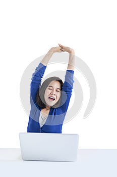 Business woman do stretch with laptop in front