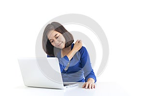 Business woman do stretch with laptop in front