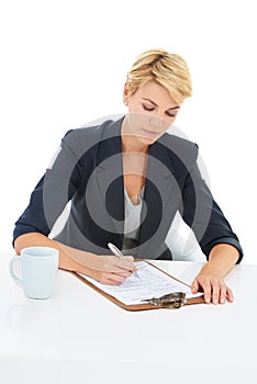 Business woman, documents and writing in studio with legal information, checklist or review of rules and job policy