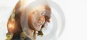 Business woman, double exposure and forest with portrait, smile and mockup space for promotion of ecology. Entrepreneur