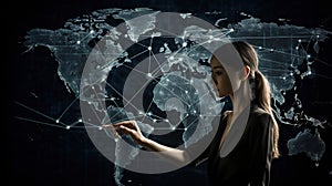 Business woman drawing global structure networking and data exchanges customer connection on dark background, generative ai