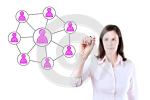 Business woman drawing social network connection. Isolated on white.