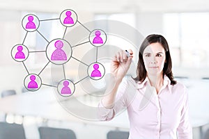 Business woman drawing social network connection. Office background.