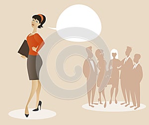 Business woman dressed in 50`s or 60`s clothes proud of her team. Cartoon style. photo