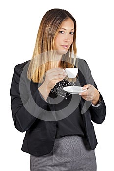 Business woman drinking coffee in cup. Work pause. White background