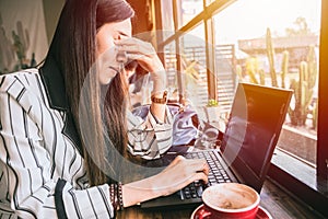 Business woman eye pain strain fatigue from computer vision syndrome