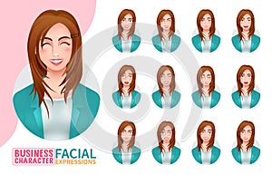 Business woman facial expressions vector set. Businesswoman characters  with pretty, young and professional faces reaction.