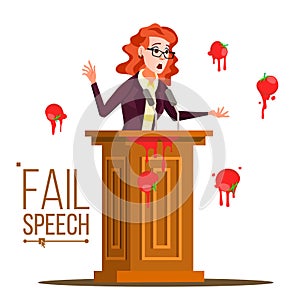 Business Woman Fail Speech Vector. Unsuccessful Messaging. Bad Feedback. Having Tomatoes From Crowd. Tribune, Rostrum