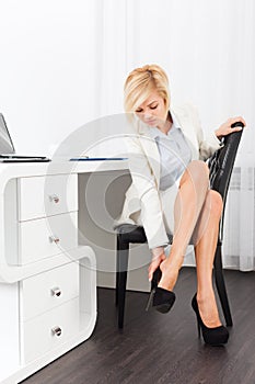 Business woman feet pain wear high heel new shoes