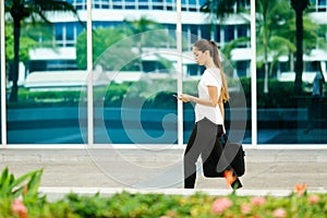 Business Woman Female Commuter Walking Office Texting On Phone