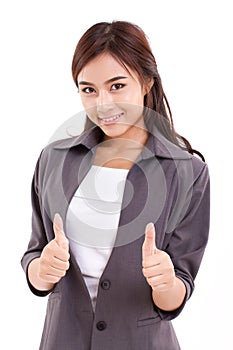 Business woman, female executive giving two thumbs up