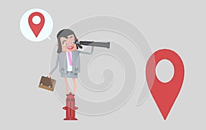 Business woman in a fire hydrant watching forward in a spyglass. 3d illustration photo