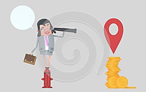 Business woman in a fire hydrant watching forward in a spyglass. 3d illustrationBusiness woman in a fire hydrant watching money in photo