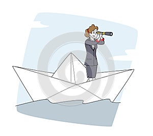 Business Woman Floating on Paper Ship. Female Character Looking in Spyglass Sailing on Boat in Open Sea or Ocean Waves