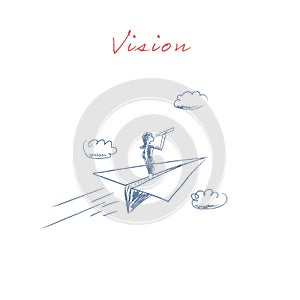 Business woman flying on a paper plane looking ahead through monoscope or telescope. Symbol of business vision