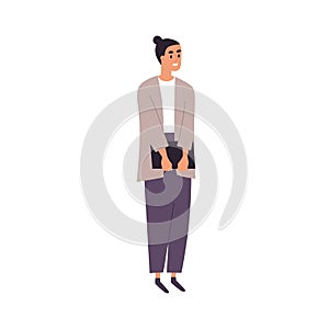 Business woman with folder in hands. Businesswoman standing, smiling. Happy female employee. Office worker, secretary