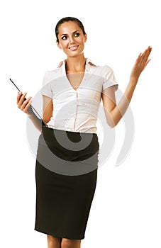 Business woman with folder showing something