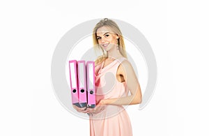 Business woman with folders. businesswoman at workplace and reading paper in office. business woman holding documents in