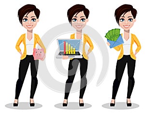 Business woman, freelancer, banker. Beautiful lady in casual clothes