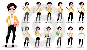 Business woman, freelancer, banker. Beautiful lady in casual clothes, set of thirteen poses.