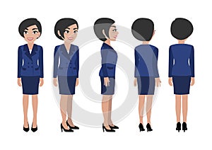 Business woman. Front, side, back, 3-4 view animated character. Flat vector illustration