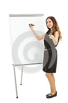 Business woman in front of a white board pointing towards the ca