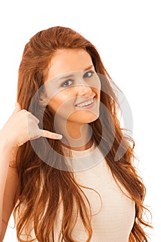 business woman gesturing call me sign with her hand isolated over white background