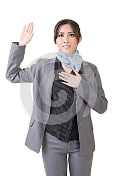 Business woman give you a gesture of swear